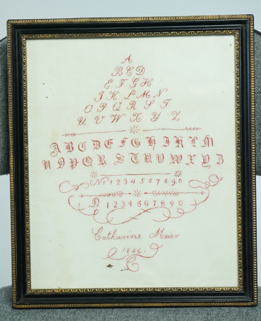 A German or Dutch very finely embroidered red silk on white linen, teardrop patterned alphabet sampler. Dated 1846 by Catharine Meier. 24cm wide x 29cm high. Condition - a few fine black ink marks and slight stains, but